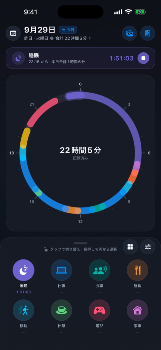 丸いボタンが並んだメイン画面。上に 24時間の円ダイヤル、下に睡眠・仕事・会議・昼食などの丸ボタン