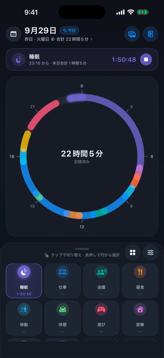 円ダイヤルの画面。24時間を1周で表した輪が項目の色で塗り分けられ、中央に「22時間5分 記録済み」と表示されている